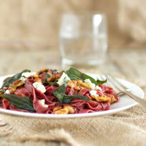 BEETROOT SPELT PASTA WITH SAGE, WALNUTS & BLUE CHEESE