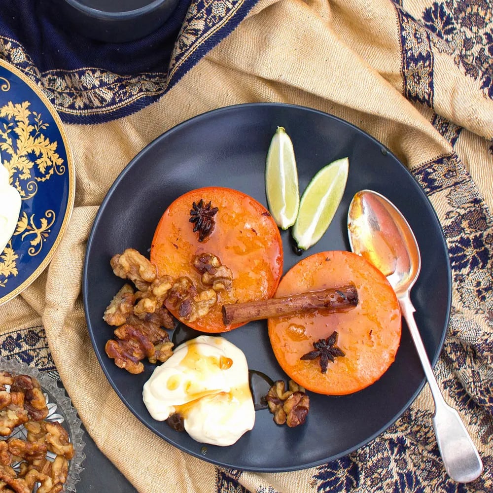 HONEY BAKED PERSIMMONS WITH CANDIED WALNUTS & MASCARPONE