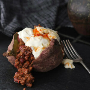 BAKED SWEET POTATO WITH EASY CHILLI & SOUR CREAM