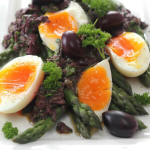 ASPARAGUS WITH SOFT-BOILED EGGS & TAPENADE