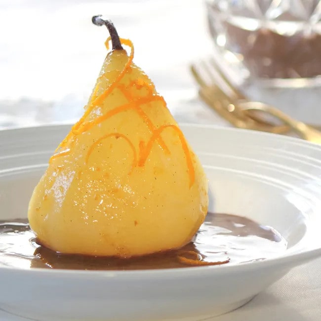 POACHED PEARS WITH SPICED MAPLE CHOCOLATE CUSTARD