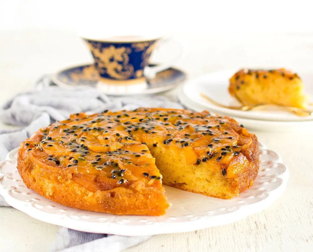 Upside Down Peach & Passionfruit Cake