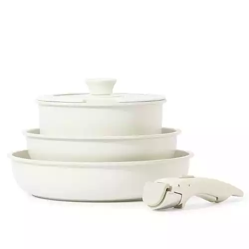 CAROTE Nonstick Cookware Sets, Non Stick Pots and Pans Set Detachable Handle, Kitchen Cookware Sets with Removable Handle, Stackable RV Cookware for Campers, Oven Safe (White 5 PCS)