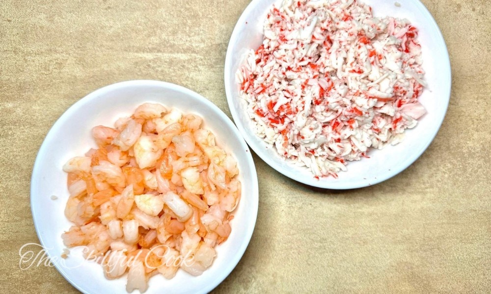 Sushi bake Step 2 - Chopped Up imitation crab and/or shrimp in a bowl or on a cutting board